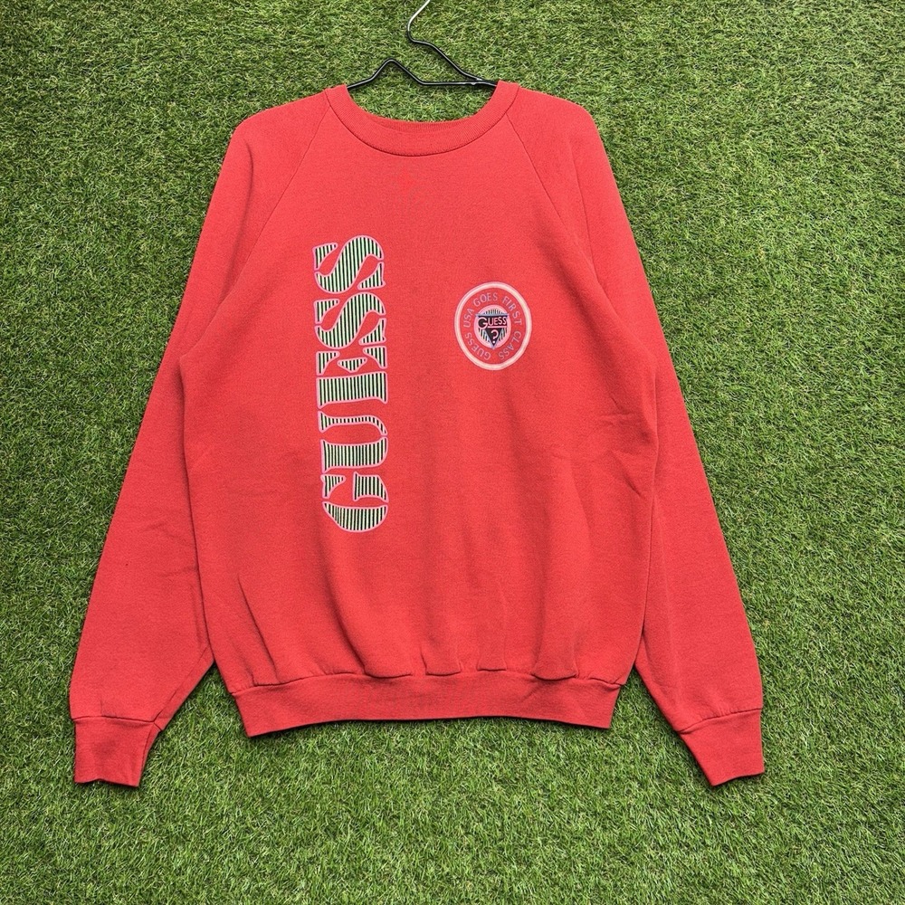 Guess Jeans Sweatshirt Mens XL USA VTG Red Embroidered Spell Out Crewneck 90s
